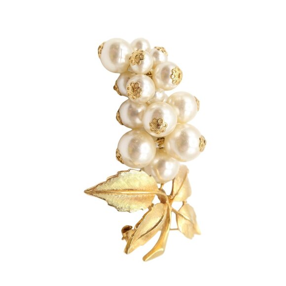 Vintage Gold Tone & Faux Pearl Large Grape Cluster Brooch MCM Mid Century - Picture 3 of 6
